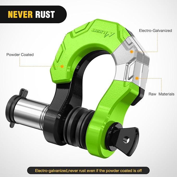 Nilight 2 Pack 3/4" D-Ring Separate Shackle with 7/8" Lock Pin 45,000 lbs Break Strength, Off Road Recovery Shackle with Isolators Washers for Use with Tow Strap, Winch, Truck Vehicle (Black&Green)