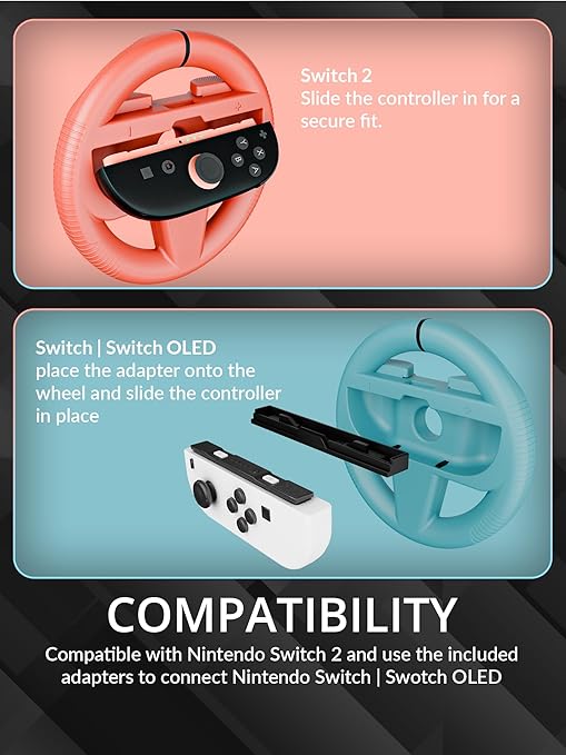 Orzly Steering Wheels Compatible with Nintendo Switch 2 (2025 Console) Twin Pack Racing Wheel Accessories for Joy Con Controllers and MarioKart Racing Games (1 Red 1 Blue) Gift Boxed