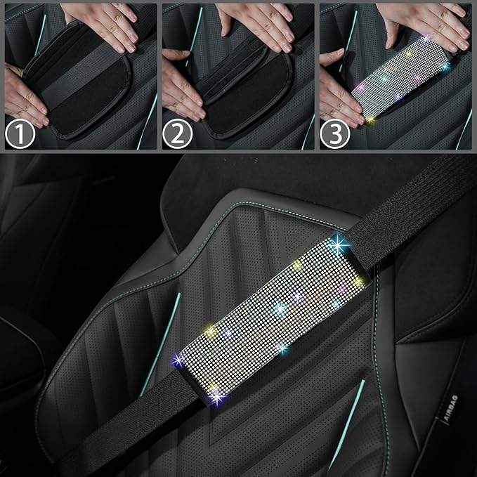 NBTEPEM 12 Pcs Bling Car Accessories Set for Women Car Floor Mats Full Set Steering Wheel Cover Seat Belt Covers Coasters Universal Fit Car SUV Truck Van Multicolor