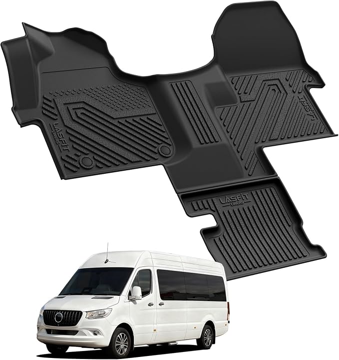 LASFIT Floor Mats for Mercedes Benz Sprinter 1500/2500/3500/4500 2019-2026 (Fit Cargo Van & Cab Chassis), All Weatehr TPE Floor Liners Custom Fit Sprinter 1st Row with Center Aisle Liner