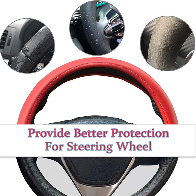 Evankin Red Leather Steering Wheel Cover, Comfortable and Soft Solid Color Universal Steering Wheel Cover 15 inch, Suitable for Most Cars (Red) Valentine's Day