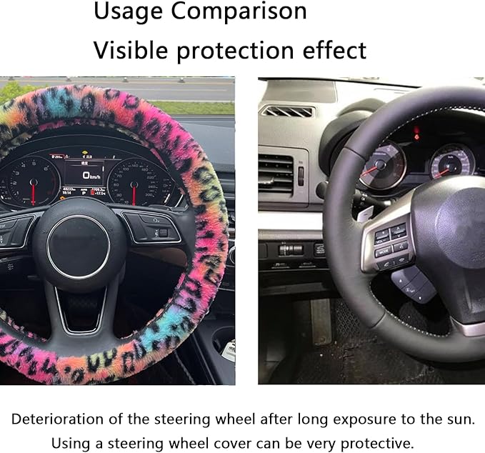 Cheetah Leopard Print Fuzzy Steering Wheel Cover for Women, Universal Auto Steering Wheel 14-15 Inch Soft Warm Car Interior Accessories with 2PCS Car Coasters, Suitable for Men and Women