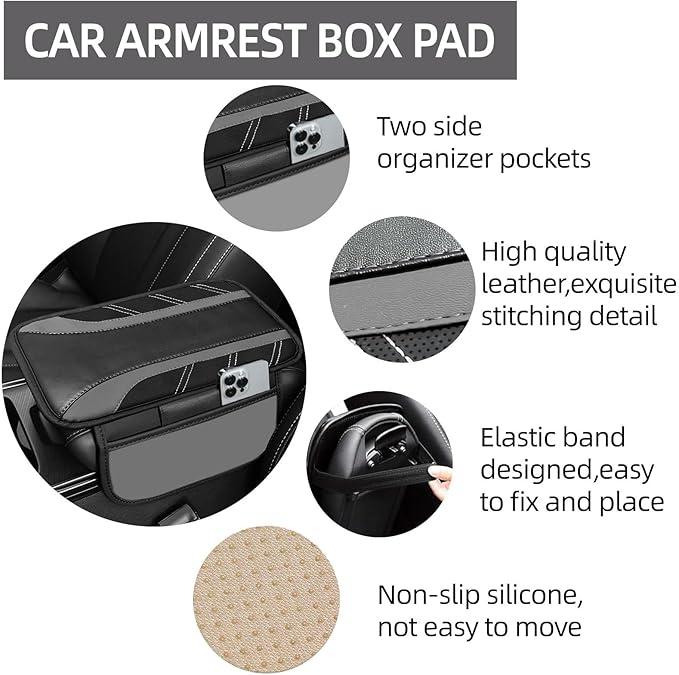 NBTEPEM 6 Pcs Gray Car Accessories Set, Sport Leather Steering Wheel Cover 14.5-15inch Universal, Microfiber Leather Car Center Console Cover, Seat Belt Cushion, Cup Holder Coaster (Black-Gray)