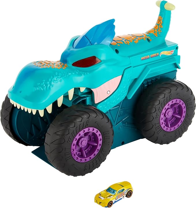 Hot Wheels Monster Trucks Car Chompin' Mega-Wrex, Large Toy Monster Truck & Toy Car, Eats & Poops 1:64 Scale Vehicles, Lights & Sounds