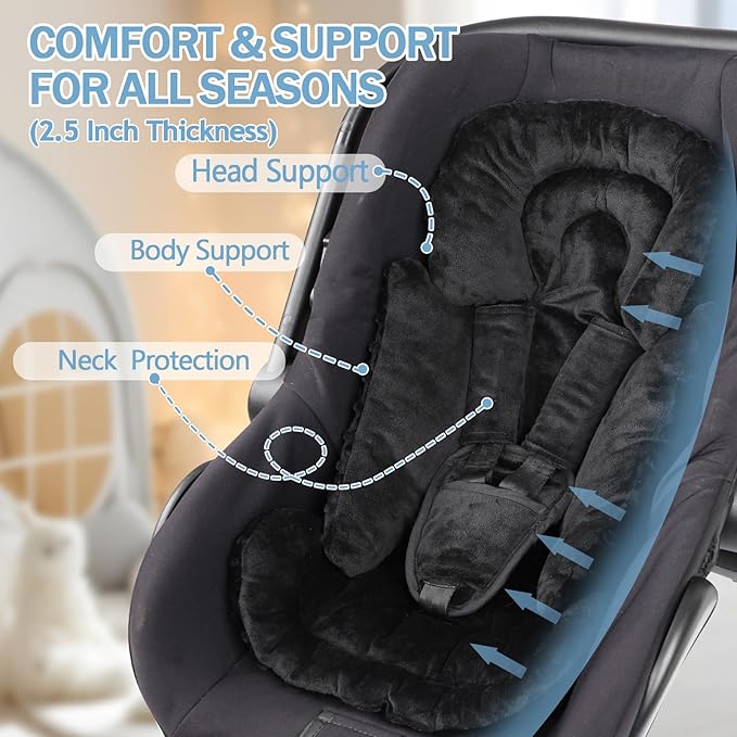 Infant Car Seat Insert Boy Girl, 3 in 1 Newborn Carseat Insert with Strap Pads, Car Seat Head Support for Baby Strollers, Swings, and Bouncers, Comfortable and Machine Washable, Black
