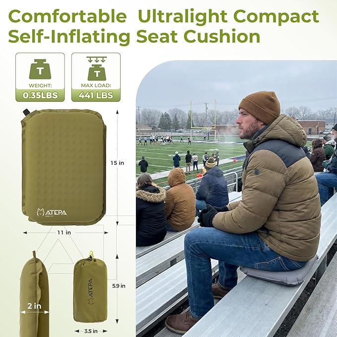 ATEPA Inflatable Seat Cushion, Compact Self-Inflating Seat Cushion for Stadium Airplane Air Travel Bleacher Camping, Blow Up Foam Seat Pad for Outdoor Sports Events Backpacking Hiking Sitting