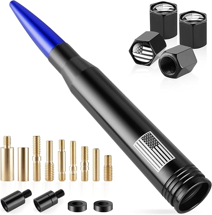 BJSIA American Flag Car Antenna for Truck with Valve Stem Caps - Universal Compatible with Ford, Dodge, Chevrolet, GMC, Jeep, Toyota Truck Car Accessories, Heavy Duty Pickup Trucks Accessories - Blue
