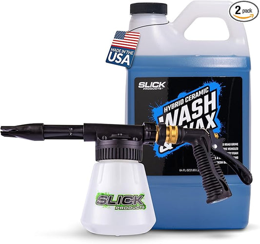 Slick Products Wash & Wax (64 oz.) + Garden Hose Foam Gun Bundle – Super Concentrated Car Wash Foam Shampoo for Car, Truck, RV, Motorcycle, Trailer, and Boat