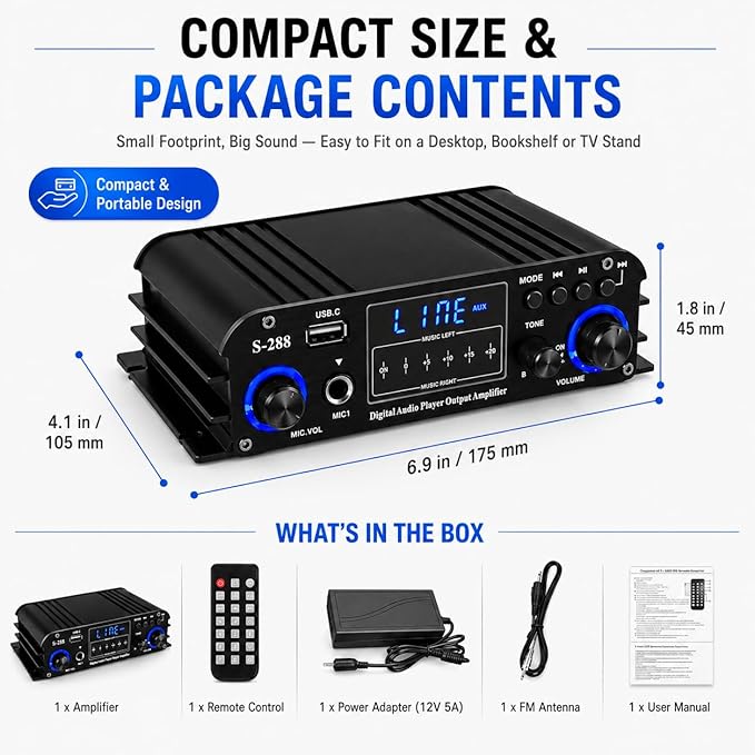 Romicta 4 Channel Bluetooth 5.0 Stereo Amplifier, 50Wx4 Home Audio Stereo Receiver, 1200W Max, USB/SD/FM, Class D HiFi Power Amp for Home Theater, Car & Karaoke, Includes Remote & Power Adapter