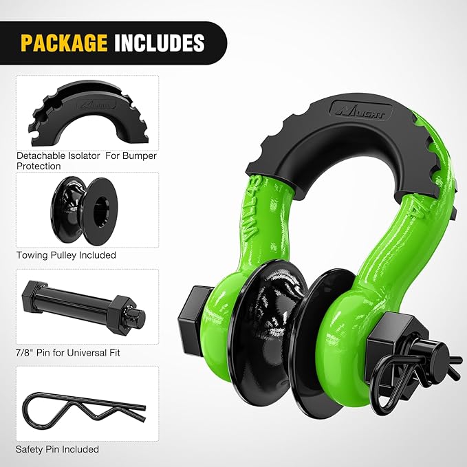 Nilight 3/4" D-Ring Shackle w/Snatch Block (2 Pack) 9,500 lb Working Load, 2-in-1 Heavy‑Duty Towing Pulley w/Isolator for Off‑Road Recovery, Winch Cable & Rope, Truck Jeep ATV UTV Tractor, Green