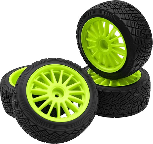 80mm/3.14" Rubber Tires & Plastic Wheel Rims 2.2 Inch 12mm Hex Hub Compatible with 1/10 HPI WR8 Off-Road Rally 1/14 WLtoys 124019 144001 1/16 Redcat Volcano RC Buggy (Green)