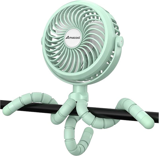 AMACOOL Battery Operated Stroller Fan, Baby Travel Essentials for Beach Disney, Newborn Boy & Girl Showers Gifts Registry Search, Rechargeable Clip On Fan for Car Seat Wagon Crib Bike Treadmill