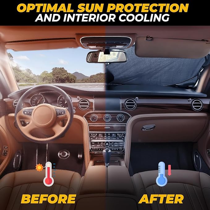 Car Sun Shade Windshield - 280T Reflective Polyester Sunshade, Medium Plus (64" x 33.5"), Blocks 99% UV Rays and Heat, Keeps Car Interior Cool, Foldable with Storage Bag, Compatible with Cars and SUVs