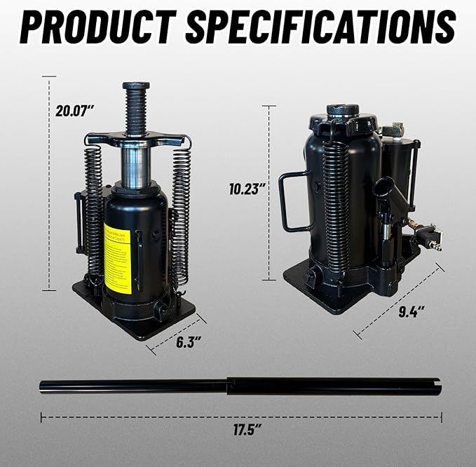 20 Ton Low Profile Air Hydraulic Bottle Jack with Air-Powered or Manual Operation, One-Piece Hydraulic Cylinder Design, Air Bottle Jack with Independent Air Pump Body and Carry Handle