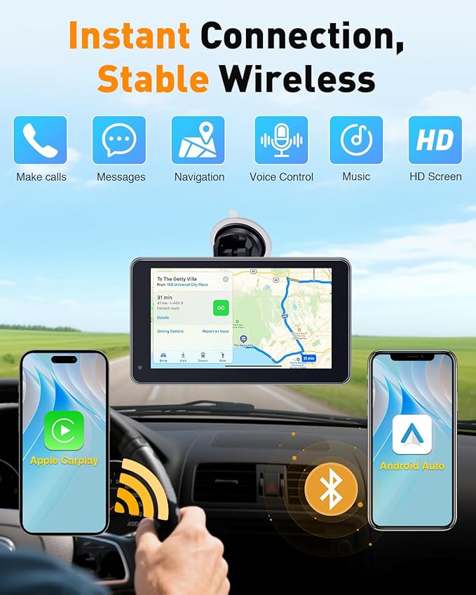 3-Min-Install Wireless Portable CarPlay Screen: Support Android Auto & Apple CarPlay - 7" HD 1080P Display with Voice Control, Hands-Free Callling, Maps Navigation, Upgrade for Older Cars in Daily Use