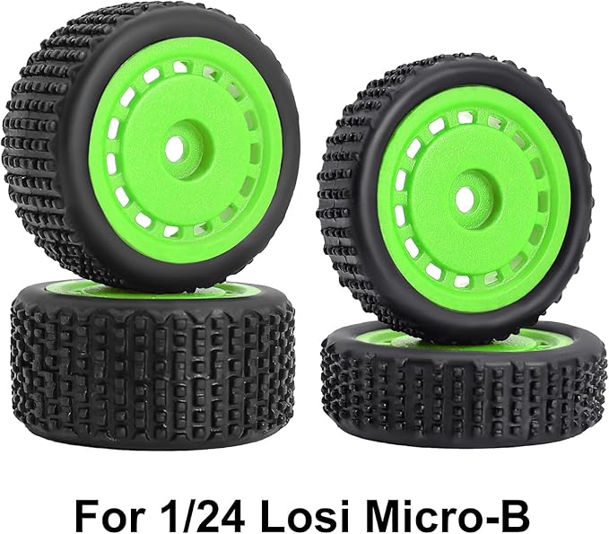 Pre-Mounted Pin Buggy Tires and Wheels Rims Hub Tires Set for 1/24 Losi Micro-B 1/28 Losi Micro-T Wltoys 244016 Upgrade Part (Green Micro-B)