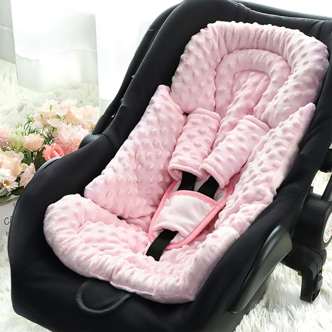 Infant Car Seat Insert Boy Girl, 3 in 1 Newborn Carseat Insert with Strap Pads,Car Seat Head Support for Baby Strollers, Swings, and Bouncers,Comfortable and Machine Washable, Pink