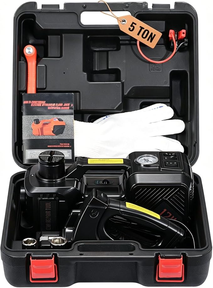 Electric Car Jack Kit 5 Ton 12V Floor Jack Portable Hydraulic Car Jack with Impact Wrench and Tire Inflator Pump for SUV Sedans Tire Change with LED Light, Lifting Height 6 to 17.7 Inch(Black)