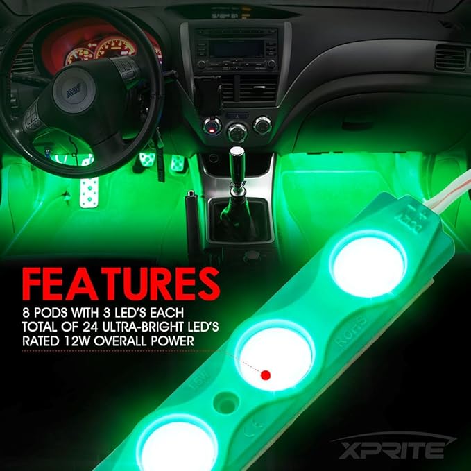 Xprite Green LED Truck Bed Light Kits with On/Off Switch, for Pickup Exterior Interior Lights Strips, Footwells, Running Boards, Cargo, Under Car, Tonneau Cover, Rail Rock Lighting - 8 PCs