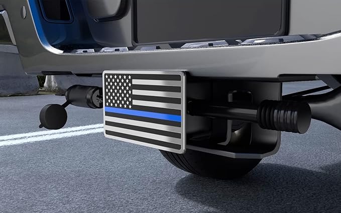 Chrome Line American Flag Metal Trailer Hitch Cover for 2" inch Receivers, Tow Hitch Cover for Trucks Cars SUV (Chrome with Blue Line)