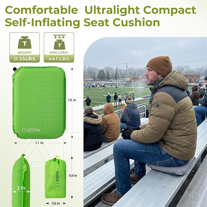 ATEPA Inflatable Seat Cushion, Compact Self-Inflating Seat Cushion for Stadium Airplane Air Travel Bleacher Camping, Blow Up Foam Seat Pad for Outdoor Sports Events Backpacking Hiking Sitting