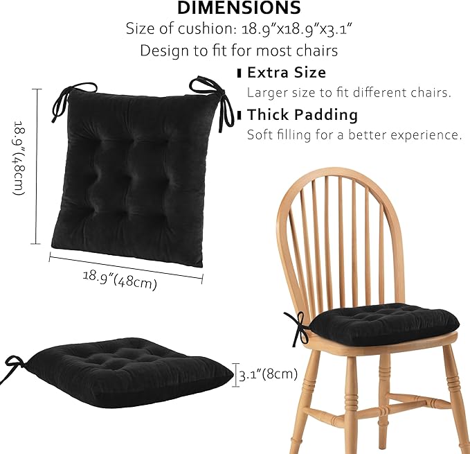 ELFJOY Set of 4 Square Chair Pads Indoor Seat Cushions Pillows with Ties Thick Soft Seat Cushion for Kitchen Dining Office Chair (18", Black)