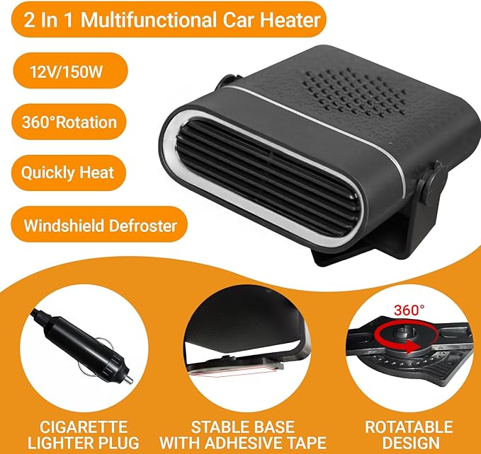 150W Portable car heater Fan, 12V Dual Mode Heater and Cooler with 360° Rotation for Quick Defrosting Defogging, for Car Truck Van SUV