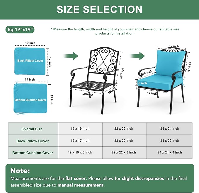 Summsun Outdoor Chair Cushions, Waterproof Backrest and Seat Cushion Set for Patio Furniture, Outdoor Replacement Cushions with Removable Cover, 19 x 19 Inch, Teal, 1 Set