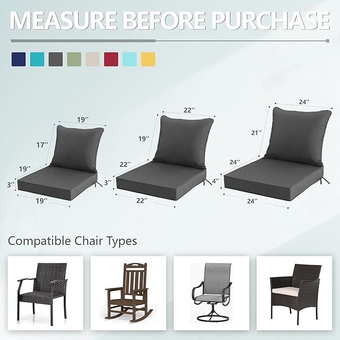 22x22 Inch Patio Chair Cushion with Removable Cover, Outdoor Furniture Cushion - Water-Repellent, Fade-Resistant, Non-Slip Bottom & Straps, Replacement for Lawn, Porch & Deck Chair - Dark Grey