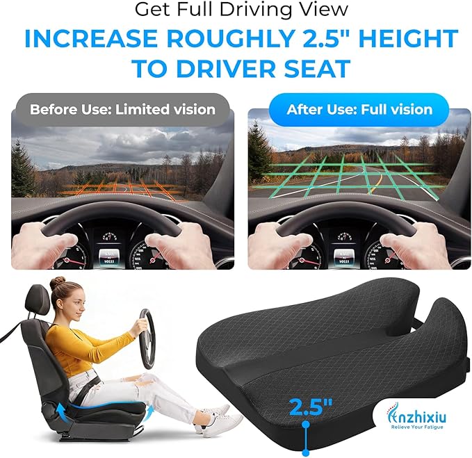 anzhixiu Elevated Car Seat Cushion for Improved View – Reduces Lower Back Pressure & Supports Spine – Ideal for Long Trips – Black Truck Seat Cushion