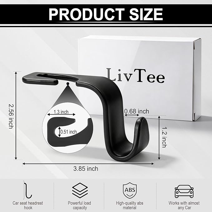 LivTee Car Seat Headrest Hook, Auto Seat Hook Hangers Storage Organizer Interior Accessories for Purse Coats Umbrellas Grocery Bags Handbag, 4-Pack