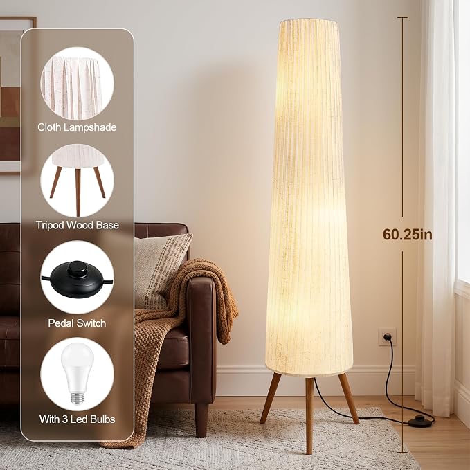 GyroVu 60 Inch Oatmeal Wood Floor Lamp, Color Temperature Adjustable Softlighting Corner Lamp, 3 Bulbs Standing Lamp, Creative Ambient Light for Living Room Bedroom&Office-Bulbs Included