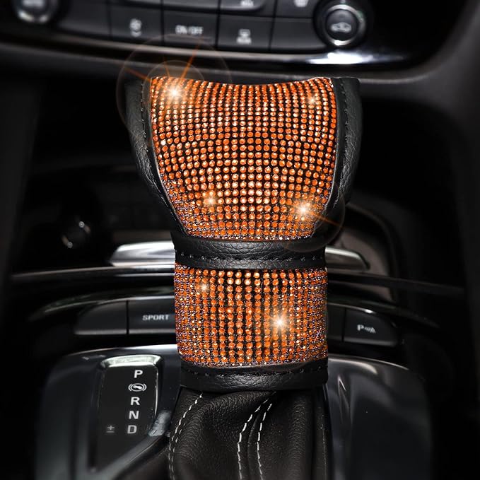 Steering Wheel Cover Set 15 inch,7 Pack Crystal Rhinestone Diamond Orange Bling Car Accessories,Seat Belt Cushion,Bling Shift Knob Cover,Puch to Start Ring,Car Cup Coaster,Orange