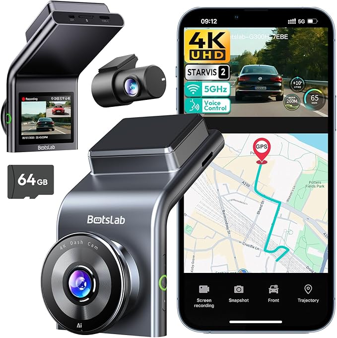 BOTSLAB G300 PLUS 4K DUAL Dash Cam Front and Rear [2026 Upgraded], STARVIS 2 Sensor, 64GB Card Included, Voice Control, 5GHz WiFi Dashcam Front and Rear Camera, GPS, WDR Night Vision, 24H Parking Mode