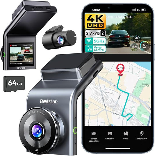 BOTSLAB G300 PLUS 4K DUAL Dash Cam Front and Rear [2026 Upgraded], STARVIS 2 Sensor, 64GB Card Included, Voice Control, 5GHz WiFi Dashcam Front and Rear Camera, GPS, WDR Night Vision, 24H Parking Mode