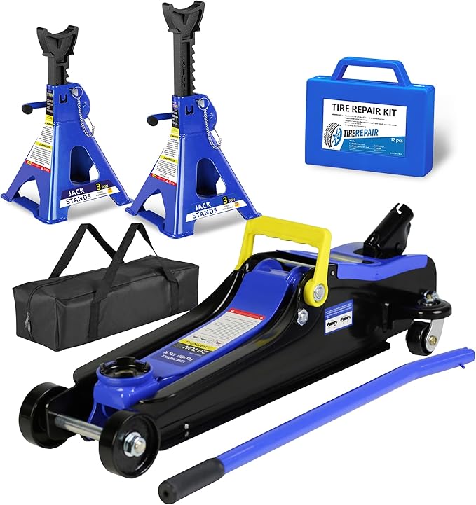 4 Piece Car Truck Floor Jack Service with Jack Stands Tire Repair Kit for Garages, Automotive,Repair Shops and DIY, Portable, 2 Ton 4,000 lbs, Lifting Range 3.3" - 15.2", Heavy Duty Steel, Blue