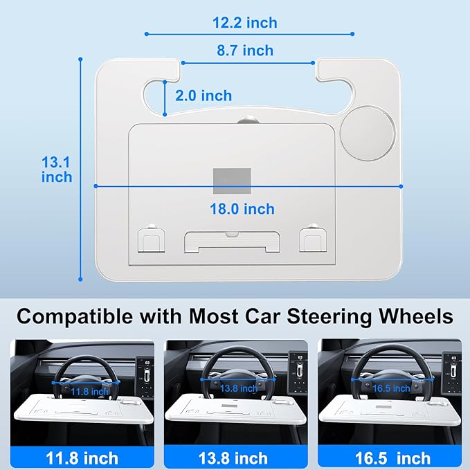 3 in1 Car Steering Wheel Tray Table for Laptop, Height Adjustable Car Table Tray for Driver, Car Food Tray with Drinks Holder,Multipurpose Travel Car Accessories for Long Road Trips-White