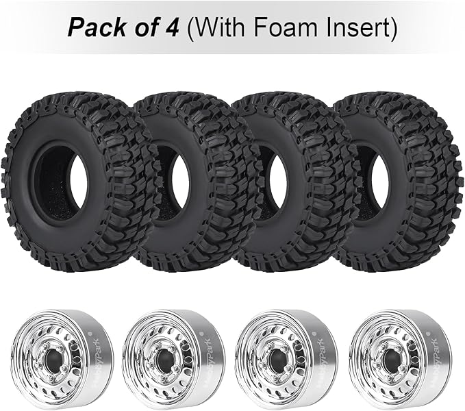 HobbyPark 1.0 Beadlock Wheels and Tires Negative Offset Stamped Steel 1.0" Wheels 1.0 Beadlocks for 1/24 1/18 RC Crawler TRX4M SCX24 FCX24 Upgrades Parts Soft Rubber Good Grip (w/52x20mm Tires B)