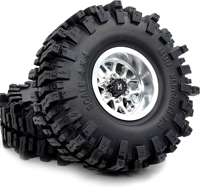 HOBBYSOUL -10.5mm Negative Offset 1.9 Beadlock Wheels and Tires, 120mm 1.9'' Mud Slingers T8 Tires and Wheels for RC 1/10 Mud Crawler SCX10 TRX4 Gen8 Upgrades