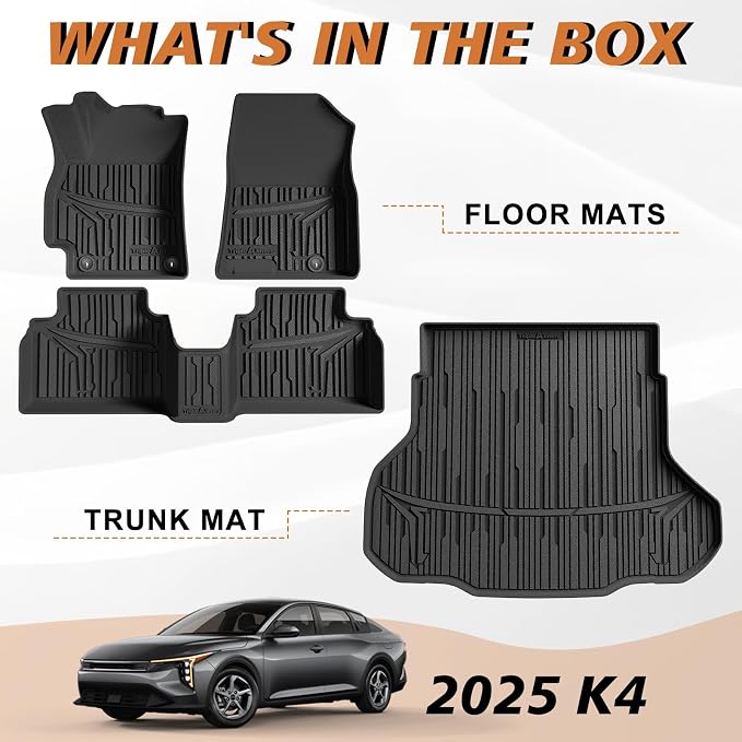 TripleAliners Floor Mats & Trunk Mat Full Set Compatible with 2024 2025 2026 Kia K4 All Weather Liners TPE Custom Fit Anti-Slip Full Coverage Odorless Waterproof Cargo Liners(Trunk Mat+ Floor Mats)