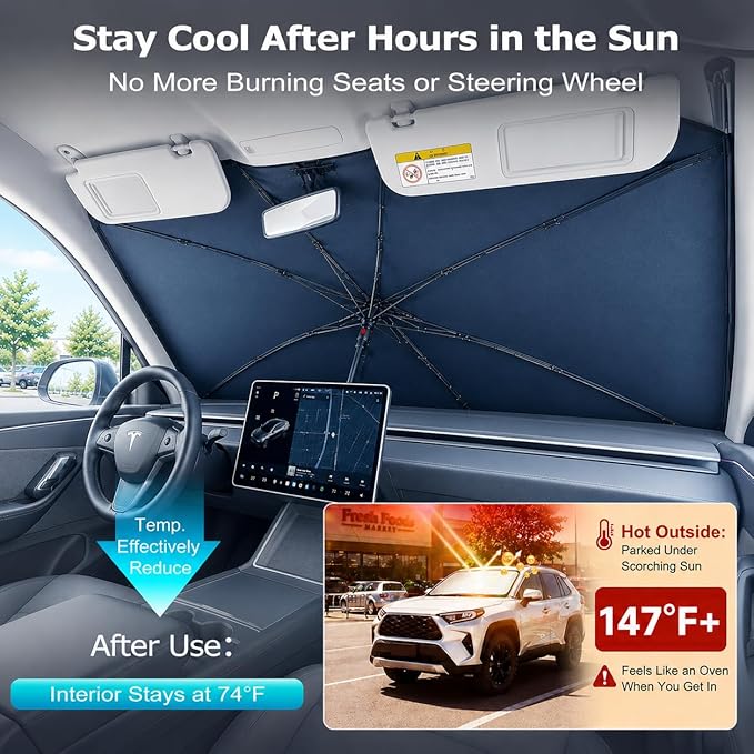 2026 Upgraded DooGooCoo Windshield Sun Shade Umbrella for Car, Reinforced Frame, UV Block Heat Shield, Keeps Interior Cooler, Foldable Front Windshield Cover, Small (52"x31")