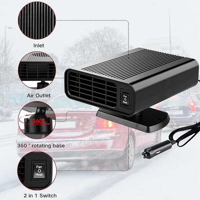 Car Heater 12V, Portable Car Heater for Vehicle That Plugs Into Cigarette Lighter,Fast Heating Defrost Defogger 2 in 1 Heating & Cooling Fan with 360° Rotary Base for Trucks, SUV, Cars