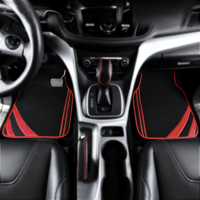 CAR PASS Red Edge Leather Car Floor Mats, Universal Waterproof Car Mats with Double Stitch Line and Anti-Slip Backing Design, for Cute Girly Women, Fit 95% Automotive,SUVs,Sedan,Vans (Black and Red)