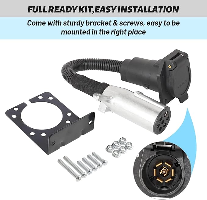 MECMO 7 Pin Round to 7 Pin Flat Adapter for Tractor Towing, 7 Pole Round to 7 Way RV Blade Trailer Connector Plug, SAE J560 Trailer Wiring Harness Adapter for Semi Truck Tractors Commercial Vehicle