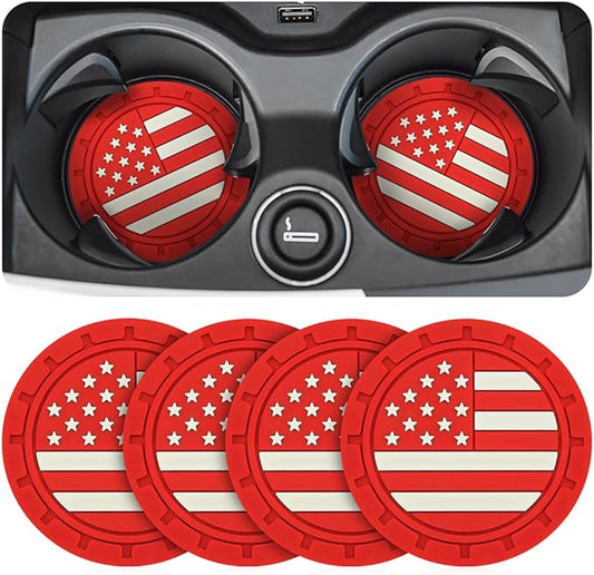 Osilly Car Cup Holder Coasters, 4 Pack American Flag Insert Coaster, 2.75 Inch PVC Anti-Slip Shockproof Embedded Drink Mat, Interior Decoration Accessories for SUV, Truck (Red)