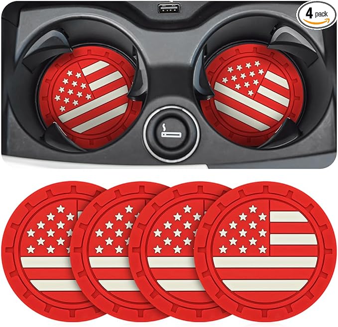AUCELI 4 Pack Car Cup Holder Coasters, Colored American Flag US Flag Insert Car Cup Coaster, 2.75 Inch Anti Slip Shockproof Embedded Drink Mat, Vehicle Interior Decor Accessories