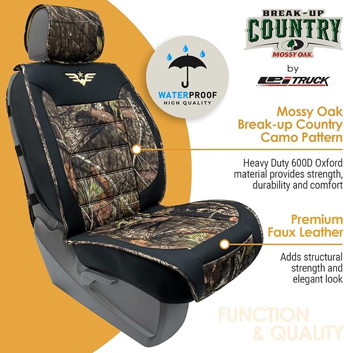 Mossy Oak Heavy Duty Premium Truck Seat Covers for Front Seats, Fits Full-Size Truck SUV, Padded Seat Cover with Bottom Wrap-around, Front & Rear Storage Pockets,Front Seat Protector, Waterproof, 2 pc