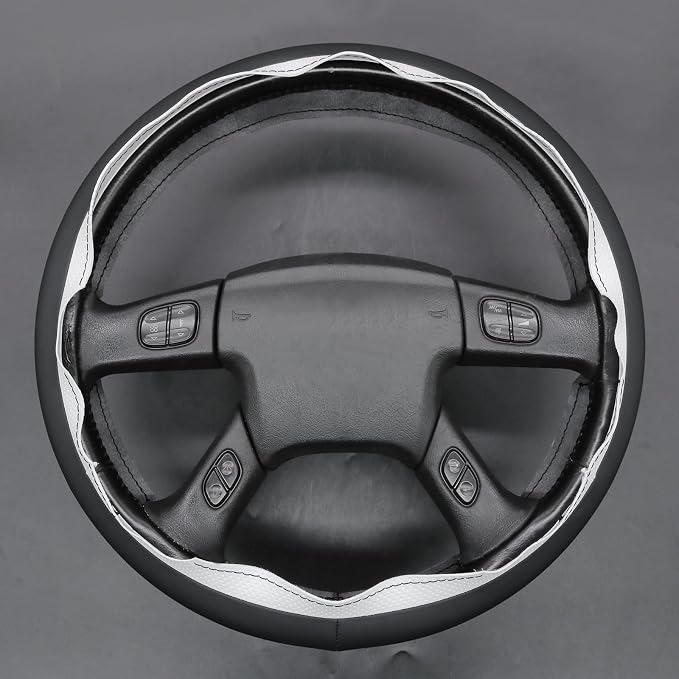 MEWANT Hand Stitched Steering Wheel Cover for Chevy Silverado 1500 2003-2006 Trailblazer White Black Faux Leather Wrap
