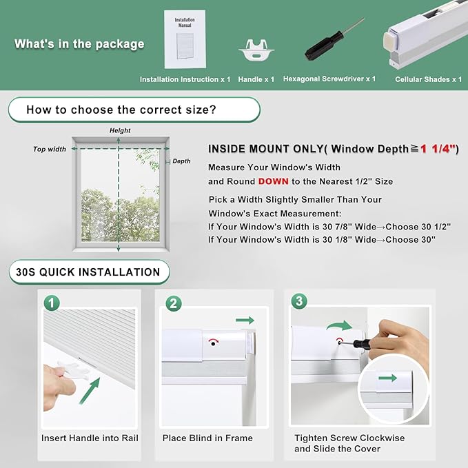 Tonature No Drill Cellular Shades for Indoor Windows, Thermal Insulating & Noise Reducing Honeycomb Blinds, Free Stop Cordless Blackout Shades, White,36" W x 48" H