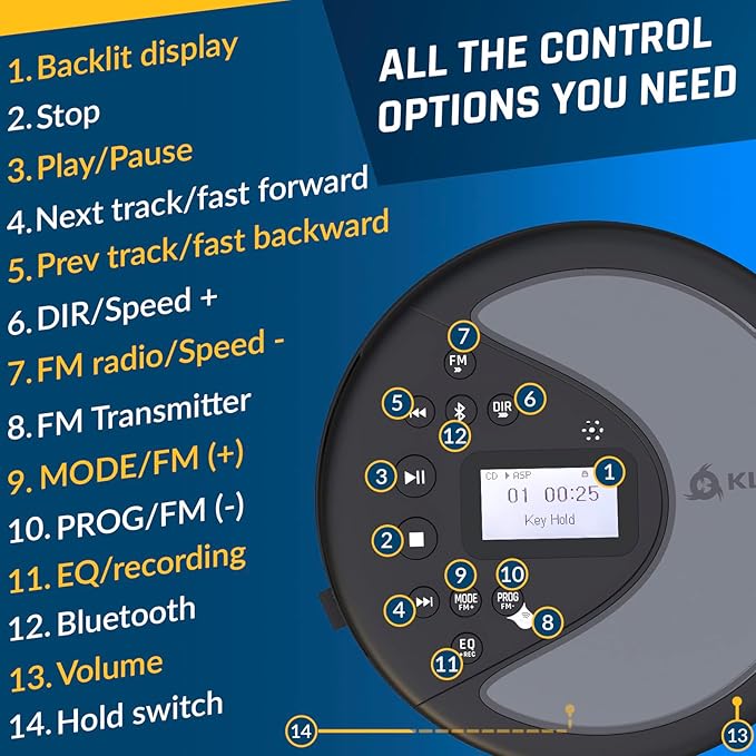 KLIM Discover - Portable CD Player with Long-Lasting Battery - New - with Headphones - Radio FM - Compatible MP3 CD Player Portable - SD Card, FM Transmitter, Bluetooth - Ideal for Cars